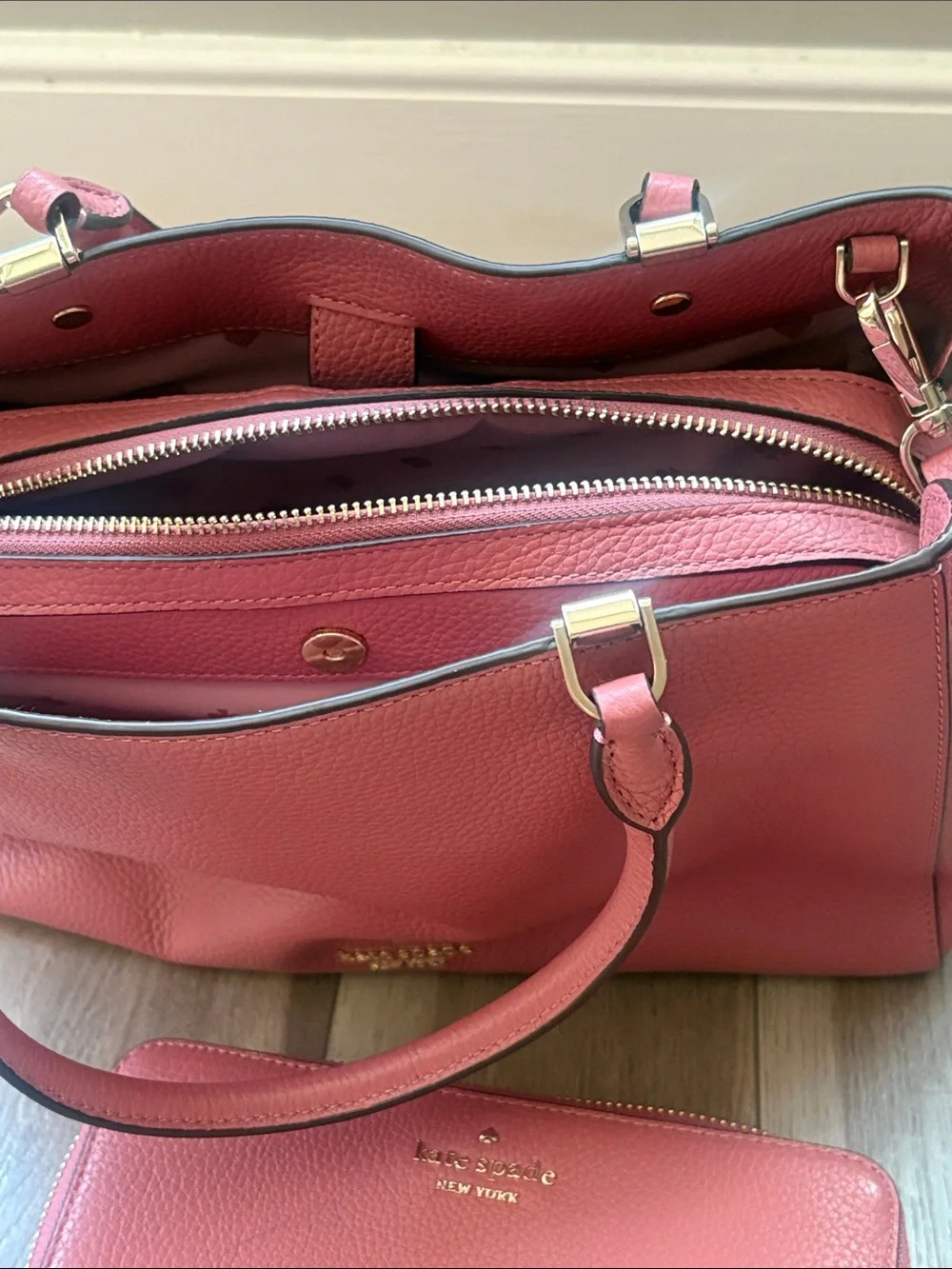 kate spade Rose deep Pink Pebbled Leather Satchel/crossbody with Wallet